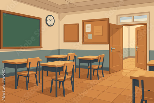 Classroom empty school interior. Education learning concept background. Cartoon vector illustration. High school college desks, chalkboard, open door. Study hall no people. Academic lesson.