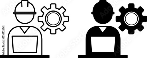 Engineer Icons. Black and White Vector Illustrations. Man in Helmet and Laptop, Gear. Specialist Engaged in Engineering. Production, Construction. Engineering Concept