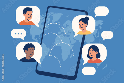 Global chat connection concept. Diverse people worldwide communicating online via smartphone app. International social network, remote teamwork and global community. Vector.