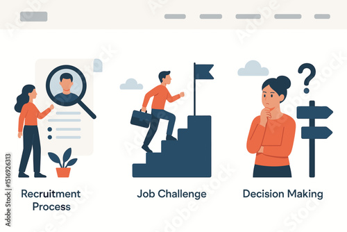 Career development journey concept. Recruitment process with HR, candidate resume. Job challenge, man climbing stairs to success. Business decision making, woman choosing path.