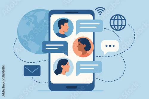 Global chat connection concept with diverse people on smartphone screen. Worldwide communication, social media network, messaging app. Online teamwork, internet technology.
