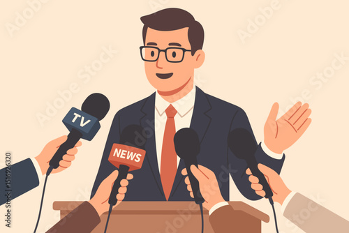 Press conference communication with speaker at podium. Politician or businessman giving interview to journalists with microphones. News media announcement, public speaking event.