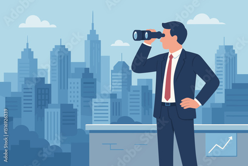 Businessman with binoculars observing city skyline. Business vision, future strategy, financial forecast, market outlook, growth opportunity, corporate leadership. Success planning.