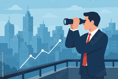 Corporate executive using binoculars to observe urban skyline with ascending chart. Business strategy, financial planning, market analysis, investment growth, future vision.