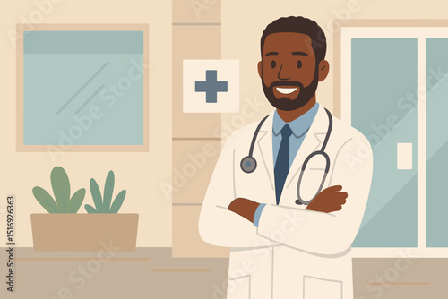 Confident male doctor with beard, stethoscope, and lab coat. Smiling healthcare professional with arms crossed at clinic. Medical vector illustration for health, medicine, and patient care concepts.