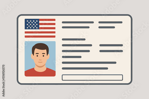 USA driver license template vector illustration. American ID card mockup with flag, photo placeholder. Blank identity document for driving, personal identification, verification.