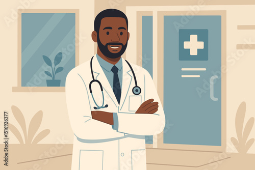 Smiling male doctor. Healthcare professional with stethoscope and lab coat. Confident, arms crossed outside clinic. Medical expert. Physician. General practitioner concept. Health.