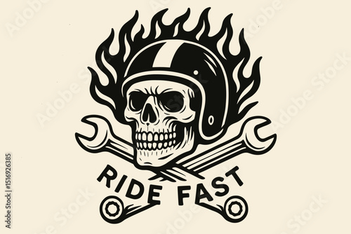 Vintage biker skull with helmet and flames, crossed wrenches, "Ride Fast" slogan. Motorcycle club logo, chopper, cafe racer, scrambler emblem. Tattoo design vector art.