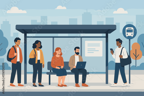Urban cityscape scene with diverse people waiting at a modern bus stop. Commuters using technology, public transportation concept. City life, daily routine, travel illustration.