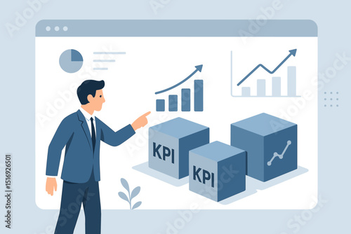 Businessman analyzing Key Performance Indicators on interactive dashboard. KPI metrics, data analysis for business strategy, growth chart. Performance management, financial report, success.