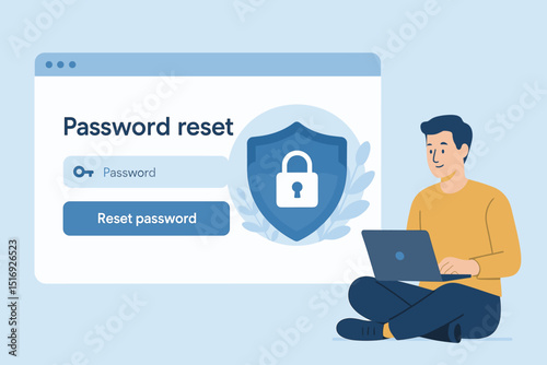 Password reset security concept. Man with laptop updating credentials. User account recovery, cybersecurity, data protection, authentication interface, online safety, login access.
