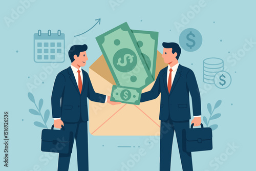 Vector illustration businessmen financial deal. Exchanging dollar banknotes from envelope. Concepts: payment, investment, salary, bonus, partnership, agreement, income, profit, funding, loan.