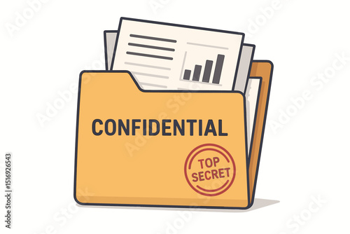 Confidential folder with top secret documents. Classified information, private data report, sensitive files for business security. Restricted corporate archive, important paperwork vector.