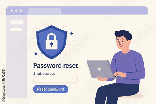 Password reset security concept. Man with laptop for online account recovery and verification. Forgotten password. Cybersecurity shield. Data protection. Login authentication. User interface.