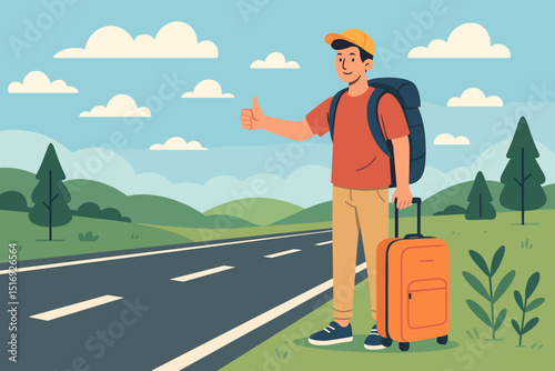 Young man hitchhiking on a scenic country road with backpack and suitcase. Traveler adventure journey concept. Flat vector illustration of a male tourist thumbing for a ride.