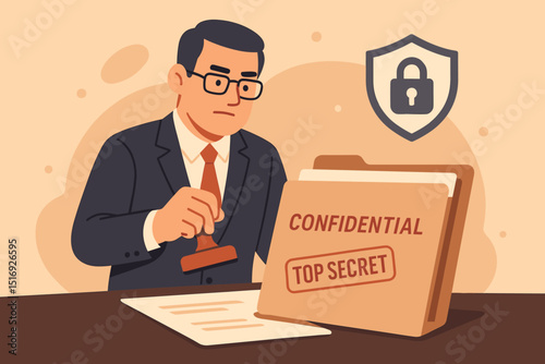 Businessman stamping top secret confidential document. Information security, data protection, and privacy concept. Official approval, bureaucracy, classified files, secrecy maintained.