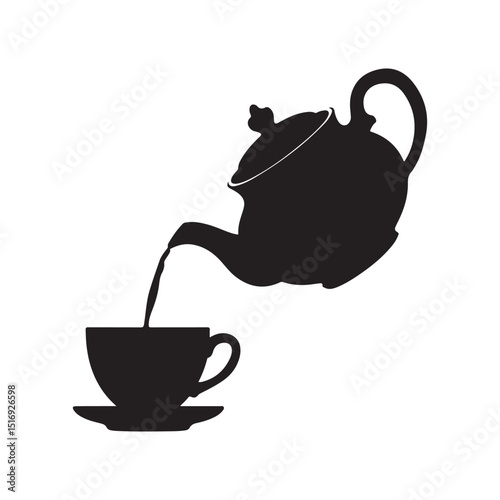 Black Silhouette of Teapot Pouring Tea into Cup Icon on White Background – Vector Illustration