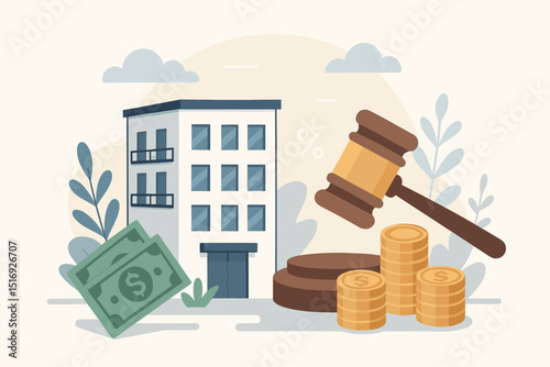 Real estate auction concept. Property bidding illustration with apartment building, judge gavel, dollar banknotes, and coin stacks. Home sale, investment, mortgage, and foreclosure. House market.