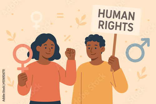 Gender equality concept with diverse people holding human rights sign and female symbol. Activism for equal rights, feminism, empowerment, and social justice illustration.