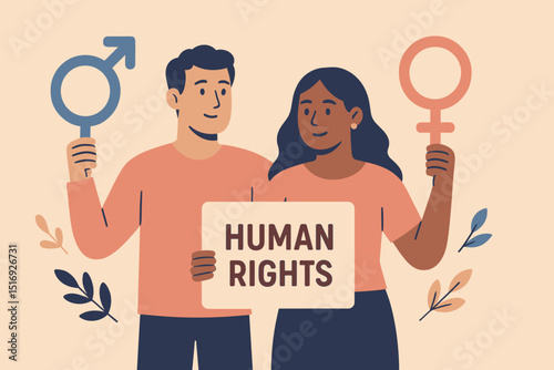 Gender equality and human rights concept. Man and woman holding male and female symbols and a protest sign. Advocacy for diversity, inclusion, social justice, and equal rights. Vector illustration.