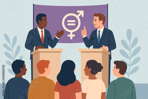 Gender equality debate concept. Diverse politicians discussing equal rights at podiums with gender symbol. Audience listening to political discussion. Feminism, social justice, empowerment.