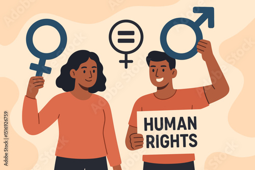 Gender equality concept illustration. Human rights advocacy. Male and female characters holding gender symbols and human rights sign. Feminism, diversity, social justice vector.