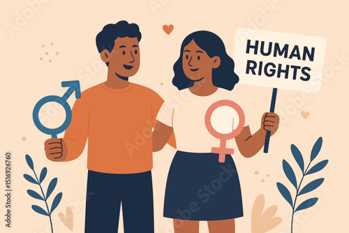Gender equality advocacy vector illustration. Man with male symbol, woman with female sign and human rights placard. Equal rights, diversity, inclusion, feminism, empowerment. Social justice concept.