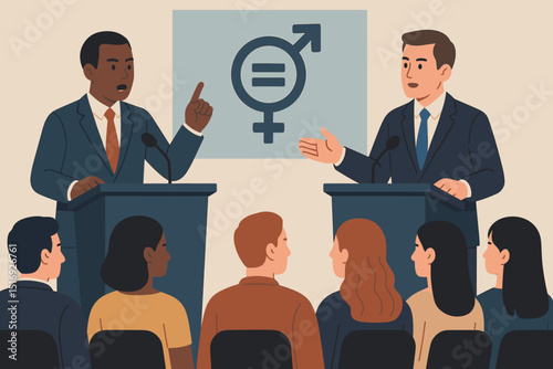 Political debate on gender equality concept. Two diverse speakers at podiums discussing male and female rights in front of an audience. Public discussion on social issues and equality symbol.