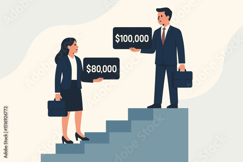 Gender pay gap concept. Unequal career ladder. Workplace discrimination metaphor. Man higher salary, woman lower pay. Sexism, financial disparity. Business people inequality vector.