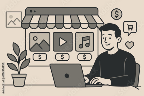 Modern flat illustration of entrepreneur managing online store. Man at laptop selling digital products like photos, videos, audio. E-commerce, digital marketplace, creator economy, small business.
