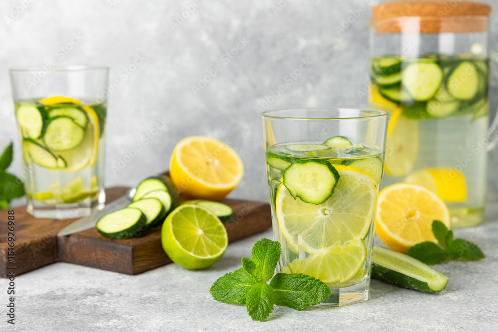 Cucumber water with lemon, lime and mint on a wooden table. Water infused with sliced cucumber in a drinking glass. Tonic refreshing drink. Cucumber lemonade.Summer natural cooling drink.Copy space Cucumber water with lemon, lime and mint on a wooden table. Water infused with sliced cucumber in a drinking glass. Tonic refreshing drink. Cucumber lemonade.Summer natural cooling drink.Copy space