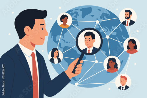 Human resources manager searching for talent. Global recruitment, network analysis, employee selection. Magnifying glass on diverse candidate profiles. Business hiring, HR concept.