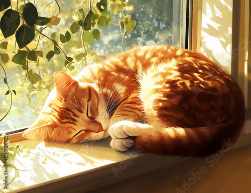 Ginger cat napping sunlit window. (1)