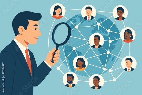 Network analysis concept. Businessman with magnifying glass examining diverse global people network. HR, talent acquisition, recruitment. Worldwide social connection, market research.