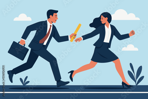 Business teamwork concept with colleagues in relay race. Man passing baton to woman. Corporate succession, partnership, and collaborative effort. Competition and cooperation illustration.