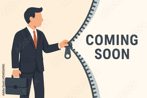 Coming soon concept. Businessman opening zipper revealing new business launch. Project start, unveiling opportunity. Entrepreneur with briefcase. Innovation, announcement, opening.