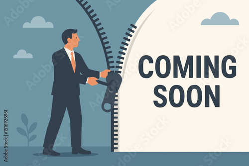 Coming soon announcement. Businessman opening giant zipper revealing new business, project launch, or grand opening. Future opportunity, unveiling secret, startup concept.