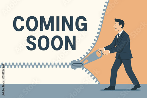 Coming Soon announcement. Businessman opening zipper revealing message. New product launch. Business teaser concept. Website under construction. Grand opening. Unveiling. Reveal.