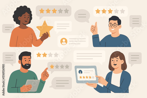 Online feedback vector concept. Diverse people giving customer reviews and star ratings. User experience, satisfaction survey, testimonials, and business communication illustration.