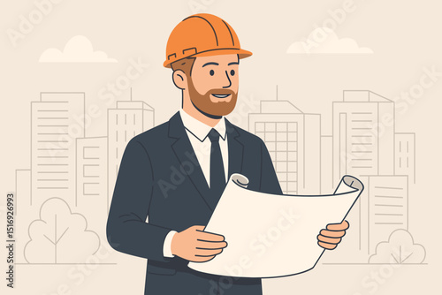 Male architect or engineer in hard hat holding blueprint, planning construction project. Professional builder with plans on city skyline background. Urban development, building design vector.