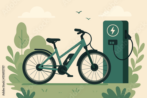 Electric bike charging at station vector illustration. E-bike plugged into charger, sustainable green energy transport concept. Modern urban mobility, eco-friendly lifestyle outdoor scene.