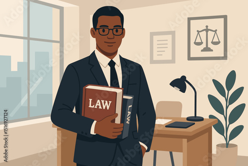 Lawyer character modern office. Attorney man holding law books. Justice scales symbol. Legal professional, solicitor, barrister. Law firm, legal services, expert consultation. Vector.