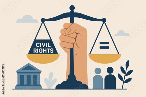 Civil rights justice concept. Hand holding scales of justice, equality symbol. Legal system, human rights advocacy, social fairness, law, court, protest, activism. People illustration.