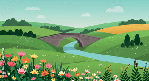 Stone Bridge Over Stream in Colorful Flower Meadow and Rolling Hills Landscape Vector Illustration 