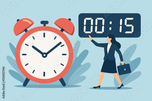 Time crunch management concept. Businesswoman racing against clock. Deadline pressure, project urgency. Countdown timer, time limit. Efficiency, productivity, planning. Times up alarm.