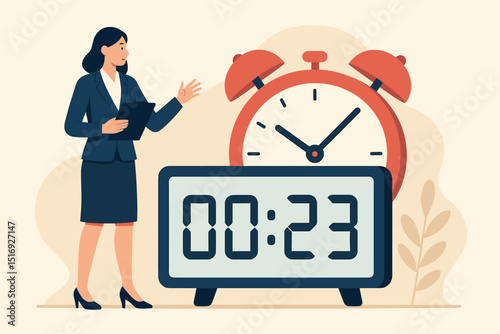 Time management concept. Businesswoman managing work project deadline. Efficient productivity, urgency, and time crunch illustration with analog alarm and digital countdown timer.