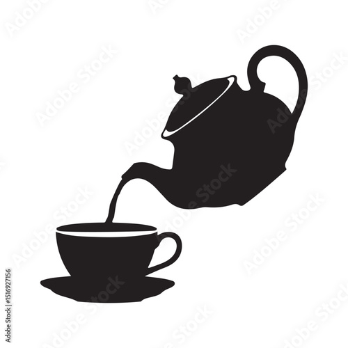 Black Silhouette of Teapot Pouring Tea into Cup Icon on White Background – Vector Illustration