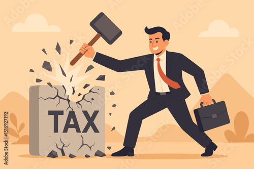 Businessman breaking tax burden stone with sledgehammer. Concept of tax relief, freedom from financial obligations, reducing debt, tax optimization, and fiscal liberation. Success.