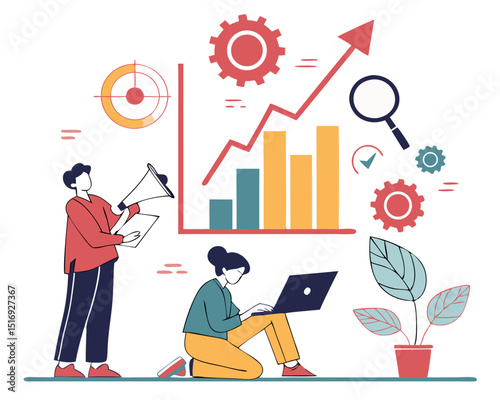 Vector illustration concept of market research, seo, business analysis, strategy, digital marketing, teamwork. Creative flat design for web banner, marketing material, business presentation