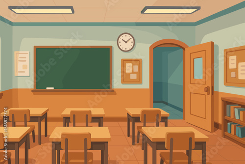 Empty school classroom vector illustration background. Cartoon classroom interior with desks, chairs, green blackboard, clock. Education, learning, back to school concept. Study.